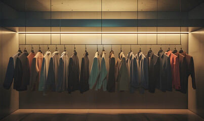 a row of shirts hanging on a rail in a room , Generative AI