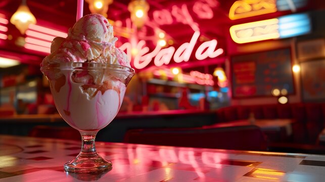 A fancy ice cream sundae in a 1950s diner. Ice cream served in a 1950s diner with vintage neon signs. Nostalgic diner from a bygone era.