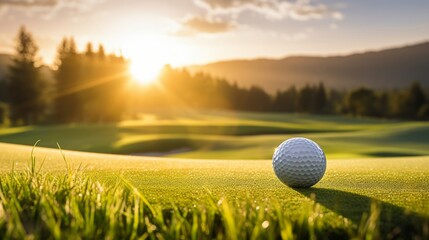 Serene landscape with a close-up of a golf ball on a tee, with a sunset and rolling hills in the distance