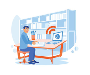 Male student sitting and doing homework with a laptop, opening copybook, and computer. Students in the learning process. flat vector modern illustration