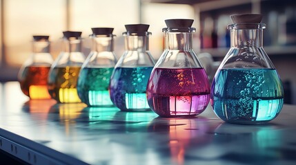 glass lab flasks with colorful chemical reactions, on a reflective surface - obrazy, fototapety, plakaty