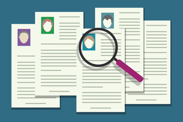 Searching candidates. Job vacancy employee hunter documents review, Searching with magnifying glass - obrazy, fototapety, plakaty