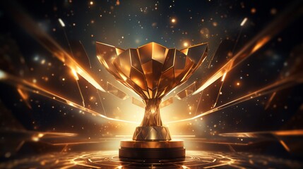 An abstract sci-fi trophy with floating elements and golden light beams against a cosmic background - obrazy, fototapety, plakaty