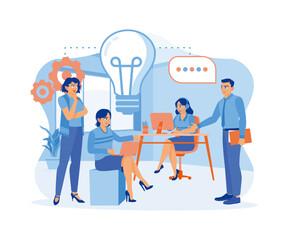 Young business people meeting in the office. Business team discussing ideas for business development. A team of people is sitting at desks with laptops. flat vector modern illustration 