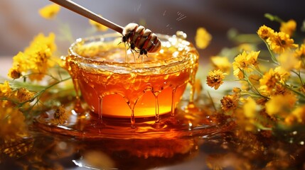 Sun-soaked, impressionist painting of honey dripping from a dipper, surrounded by wildflowers
