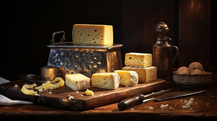 Chiaroscuro oil painting of cheese blocks beside an old-fashioned grater on a rustic table