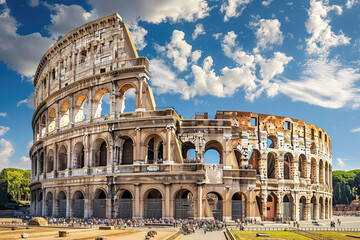 majestic roman coliseum with a beautiful blue sky with white clouds - obrazy, fototapety, plakaty