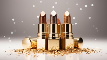 Glamour shot of luxury lipsticks with a scattering of golden glitter on a reflective white surface - obrazy, fototapety, plakaty