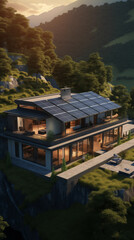 a private house situated in a valley with solar panels on the roof