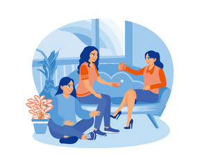 Two beautiful women sitting on the sofa at home and drinking coffee and tea. Female friends are sitting on the floor smiling. Smiling woman friends drinking tea at home. flat vector modern illustratio