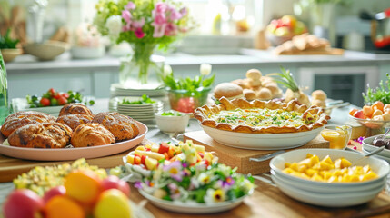 A bright and festive Easter brunch spread featuring a variety of dishes, fresh pastries, and vibrant decorations on a sunny kitchen table.
