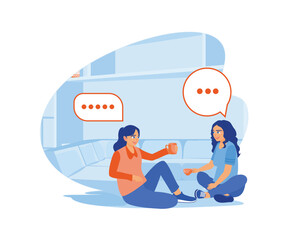 Two young women are discussing while drinking tea together. They sat on the floor in front of the sofa. Smiling woman friends drinking tea at home concept. Flat vector modern illustration.
