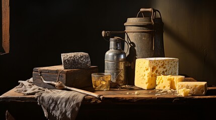 Fototapeta na wymiar Chiaroscuro oil painting of cheese blocks beside an old-fashioned grater on a rustic table