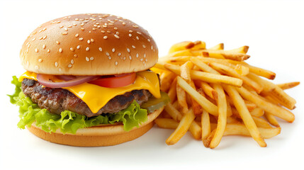 Cheeseburger with a side of thin shoe string fries isolated on a white background