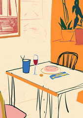 A simple illustration eating at a dining table