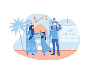 Happy Muslim family celebrating the Islamic New Year. Decorations of flags and lanterns are around the mosque. Ramadan Kareem concept. Flat vector modern illustration.