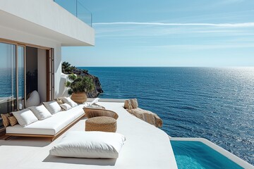 Luxury apartment terrace Santorini Interior of modern living room sofa or couch with beautiful sea view.