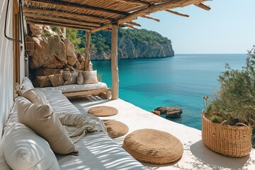 Obraz premium Luxury apartment terrace Santorini Interior of modern living room sofa or couch with beautiful sea view.