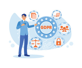 A man stands and touches GDPR approval on a touch screen. General rules for data protection gdpr. flat vector modern illustration 