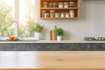 Kitchen table top for product display with blurred modern interior. generative ai.