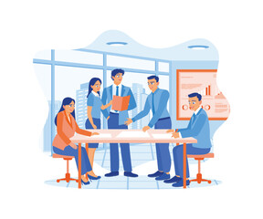 Senior female CEOs and multicultural business people discuss company presentations at the meeting room table. Diverse company team working together in meeting room office. Agency worker meeting a clie