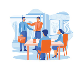 A friendly male leader is shaking hands with a new staff member. Professional business people reach an agreement in negotiations. Agency worker meeting a client. flat vector modern illustration 