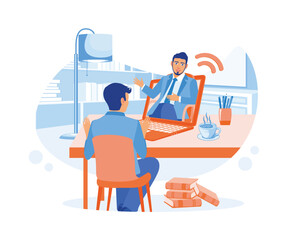 A businessman is talking with a business partner using a video call on the laptop. Discuss work projects online. Agency worker meeting a client. flat vector modern illustration 