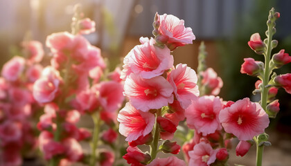 Sunlight softly illuminates pink hollyhocks in a serene garden setting.	
