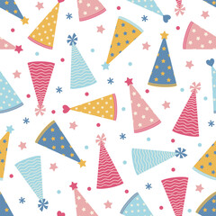 Party hats seamless vector pattern. Caps for birthday, festival, carnival. Cones with stripes, stars, hearts. Paper headdress for kids anniversary, surprise, entertainment. Flat cartoon background