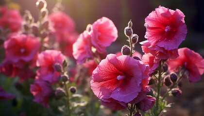 Sunlight softly illuminates pink hollyhocks in a serene garden setting.	
