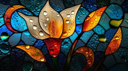 Stained glass window background with colorful Flower and Leaf abstract.
