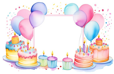 Pastel-colored frame with free space for text, a small birthday cake, candles, balloons