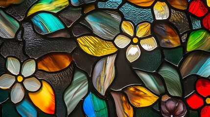 Stained glass window background with colorful Flower and Leaf abstract	
