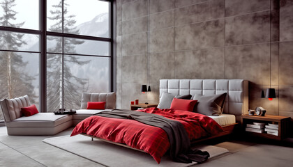 Cozy modern bedroom with large windows overlooking mountains and a striking red blanket on the bed, AI generated	