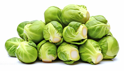 A pile of fresh and vibrant green Brussels sprouts isolated on a white background, AI generated,