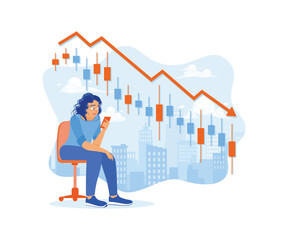 A businesswoman is analyzing a declining stock market graph. A woman sitting on a chair with a sad face. Stock Trading concept. Flat vector illustration.