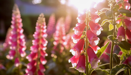 Sunlight softly illuminates pink hollyhocks in a serene garden setting.	