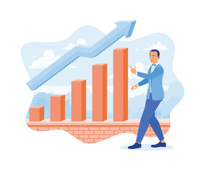 Male businessmen showing business growth using an increasing graph. Plan business strategies for the future. Stock Trading concept. Flat vector illustration.