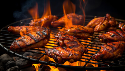 Glossy grilled chicken on a grill with smoke against a dark background, AI generated