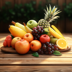 A colourful assortment of fresh fruits displayed on a wooden platter set on a table outdoors,AI generated	