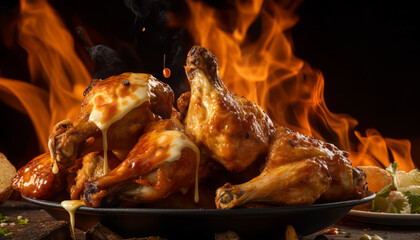 Glossy grilled chicken on a grill with smoke against a dark background, AI generated