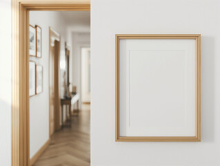 Fototapeta premium empty rectangle birch wood frame mockup hanging on a white wall in a hallway.