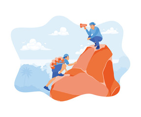 Boss using a megaphone on top of the cliff. Instruct employees to climb to the top of the cliff. Finance control scenes concept. flat vector modern illustration