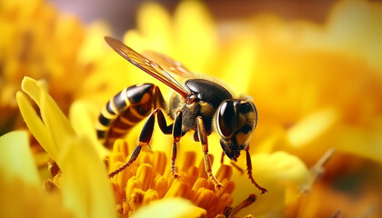 Close-up of a bee on vibrant yellow flowers, capturing intricate details and the essence of nature, AI generated 