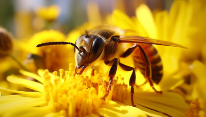 Close-up of a bee on vibrant yellow flowers, capturing intricate details and the essence of nature, AI generated 