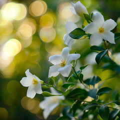 white flowers with green leaves against s vibrant bokeh background, AI generated.	