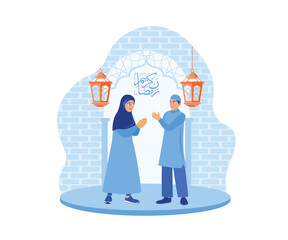 Muslims stand to greet and forgive each other. Happy Ramadan and Eid al-Fitr. Happy Eid Mubarak concept. flat vector modern illustration 