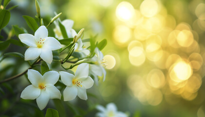 white flowers with green leaves against s vibrant bokeh background, AI generated.	
