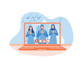  Man and woman recording video using laptop indoors. Congratulations on Eid al Fitr via video call. flat vector modern illustration 