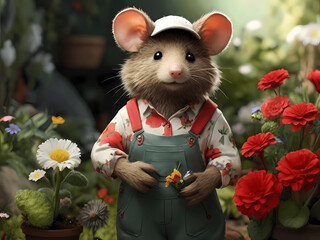 Animal half mouse, half bear,cute,female gardening, gardening outfit